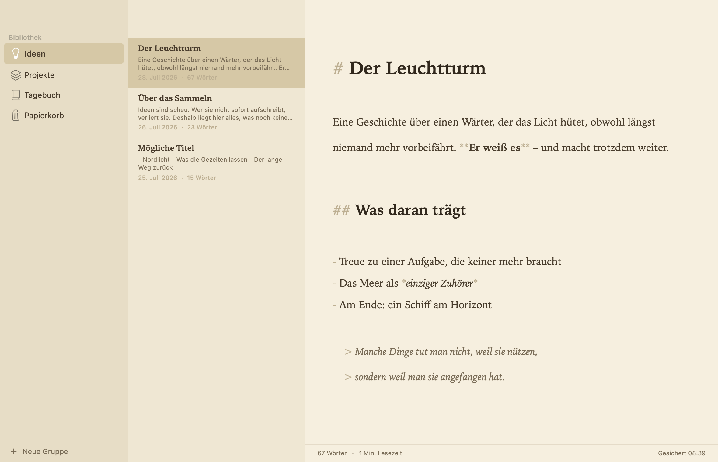 Feder im Sepia-hell-Modus mit gesetztem Markdown: Überschriften, fett und kursiv direkt beim Tippen sichtbar.