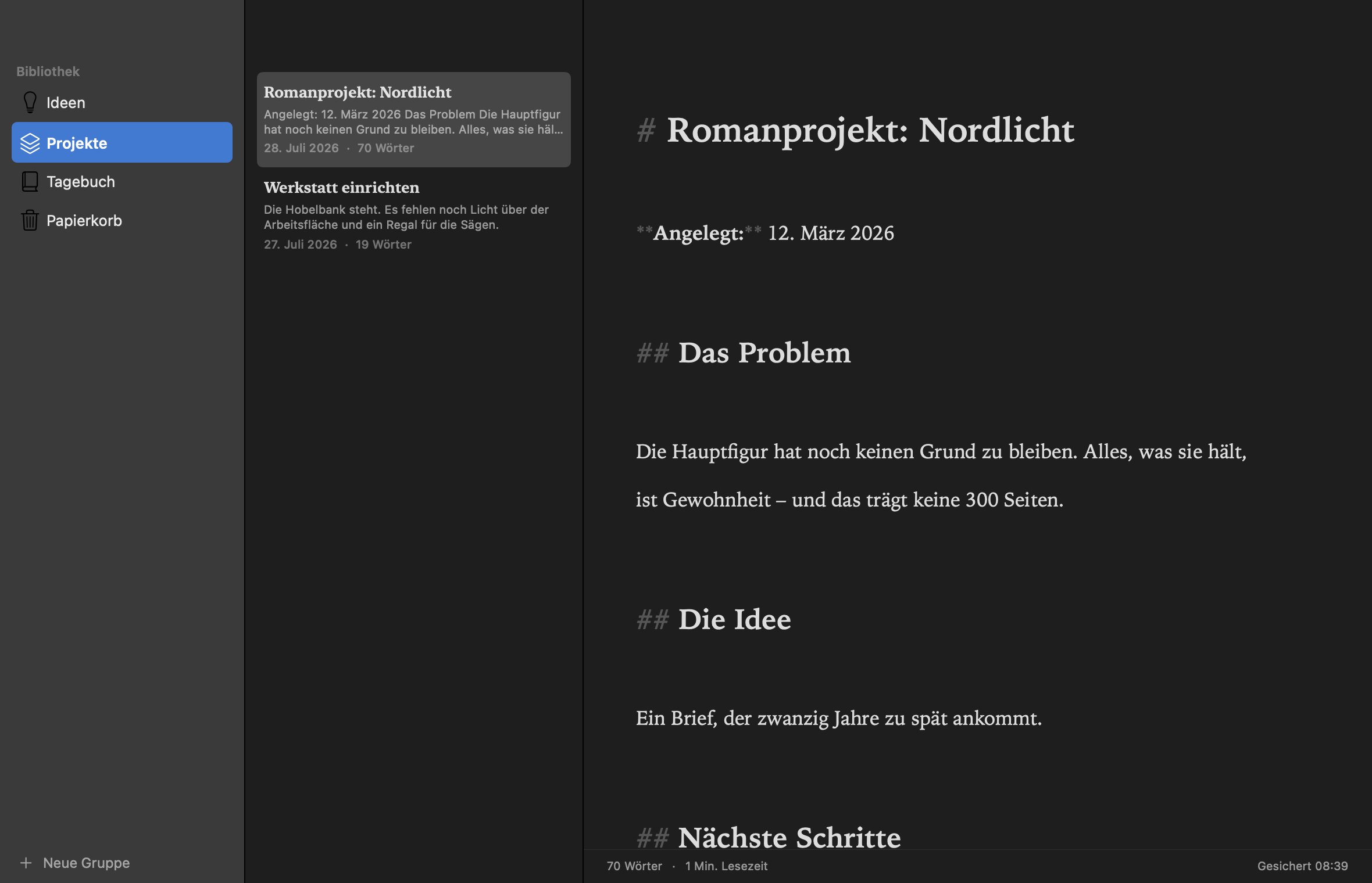 Feder im dunklen Modus, Projekt-Gruppe geöffnet.