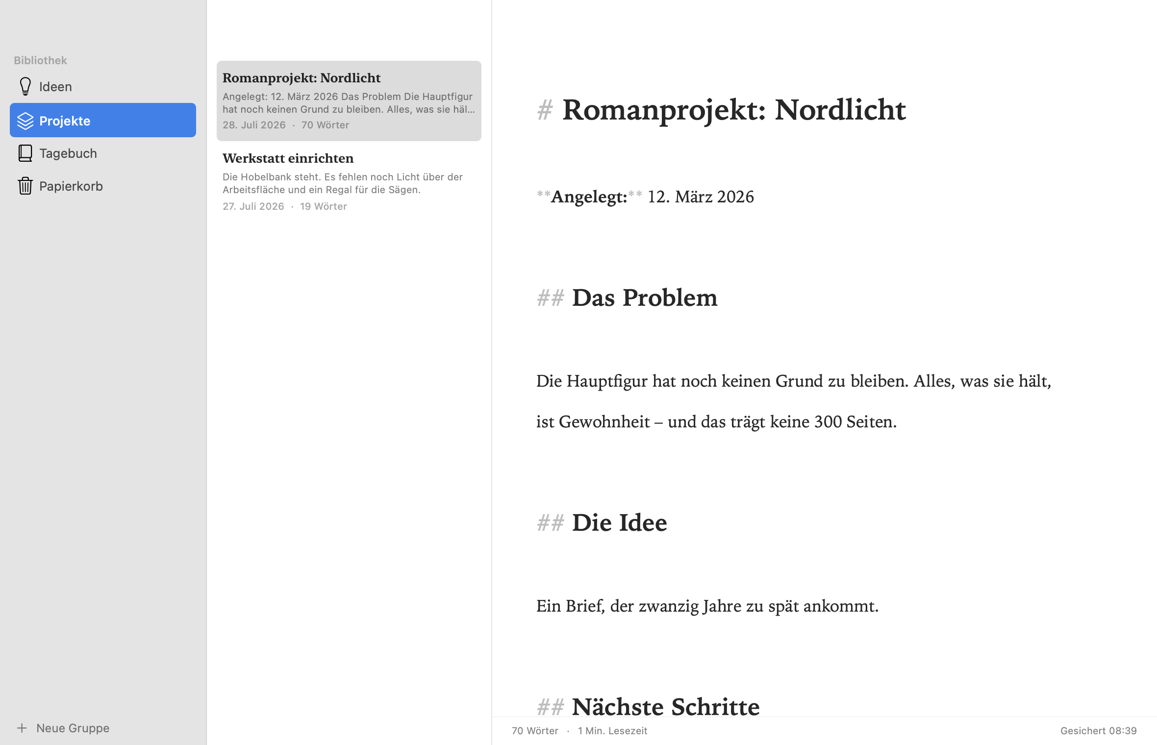 Feder im hellen Modus, Projekt-Gruppe geöffnet.