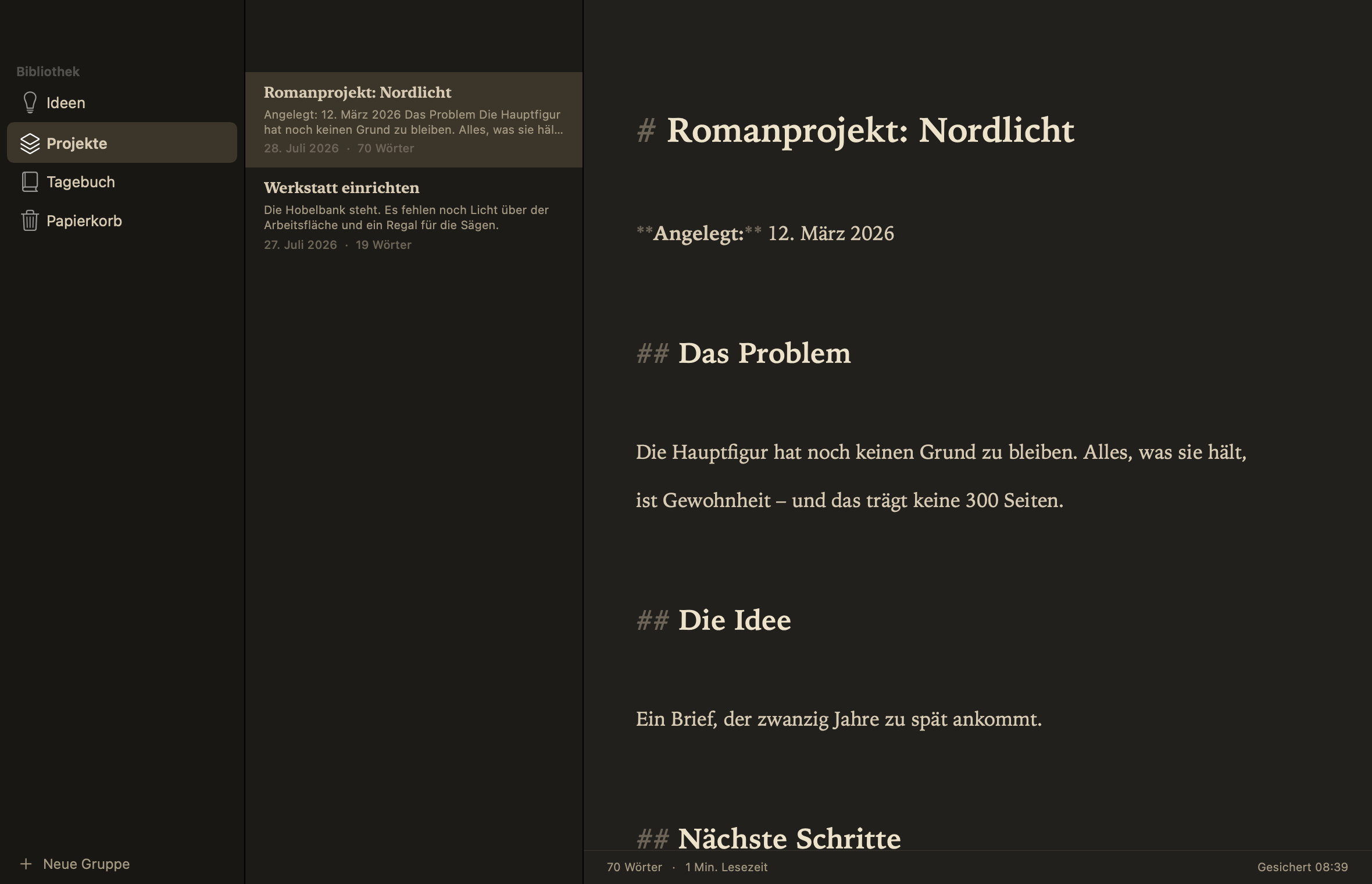 Feder in Sepia dunkel, Projekt-Gruppe geöffnet.