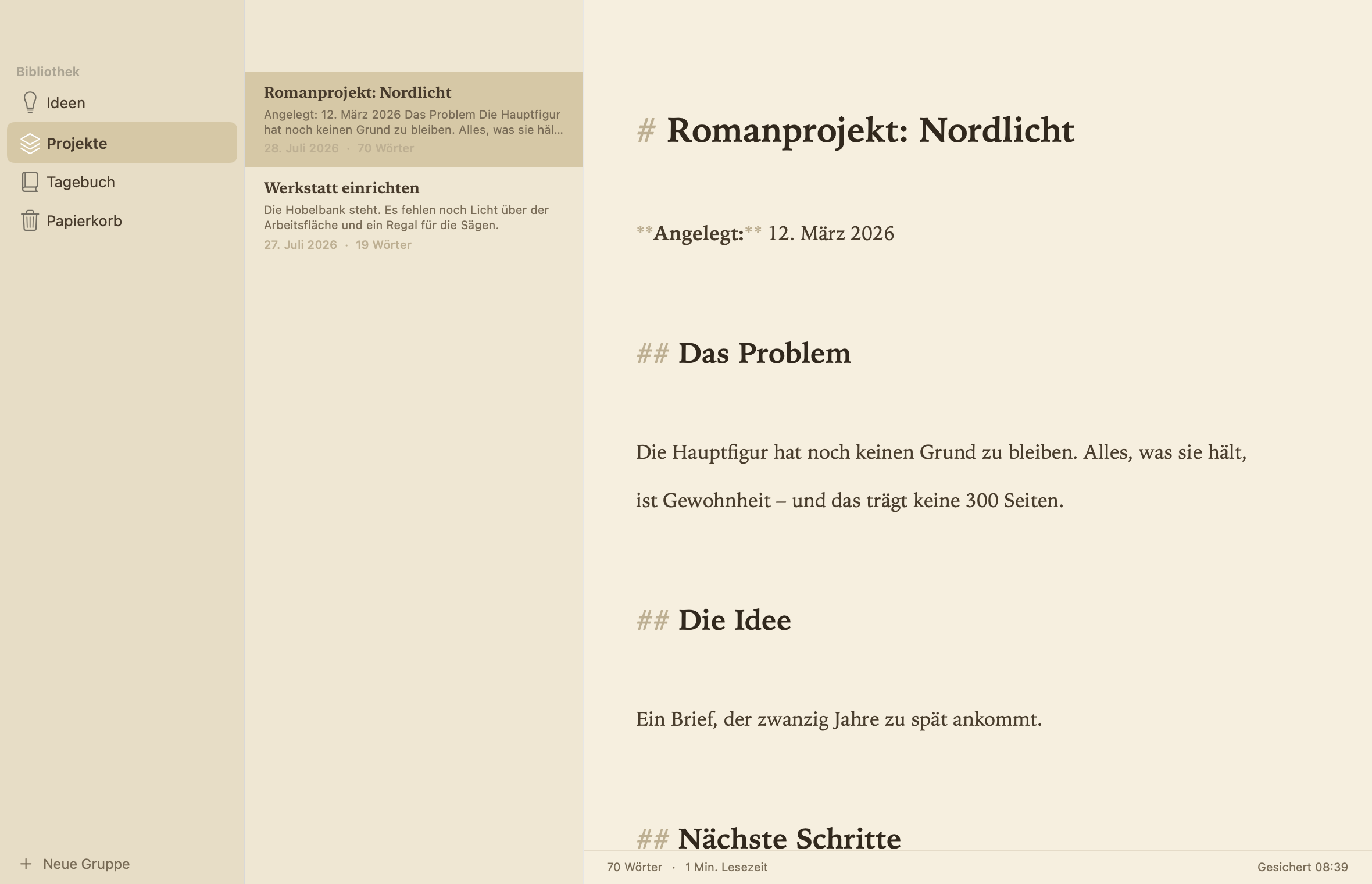 Feder mit der Projekt-Gruppe im Sepia-hell-Modus: Übersicht über alle Blätter, offene Projektskizze im Editor.